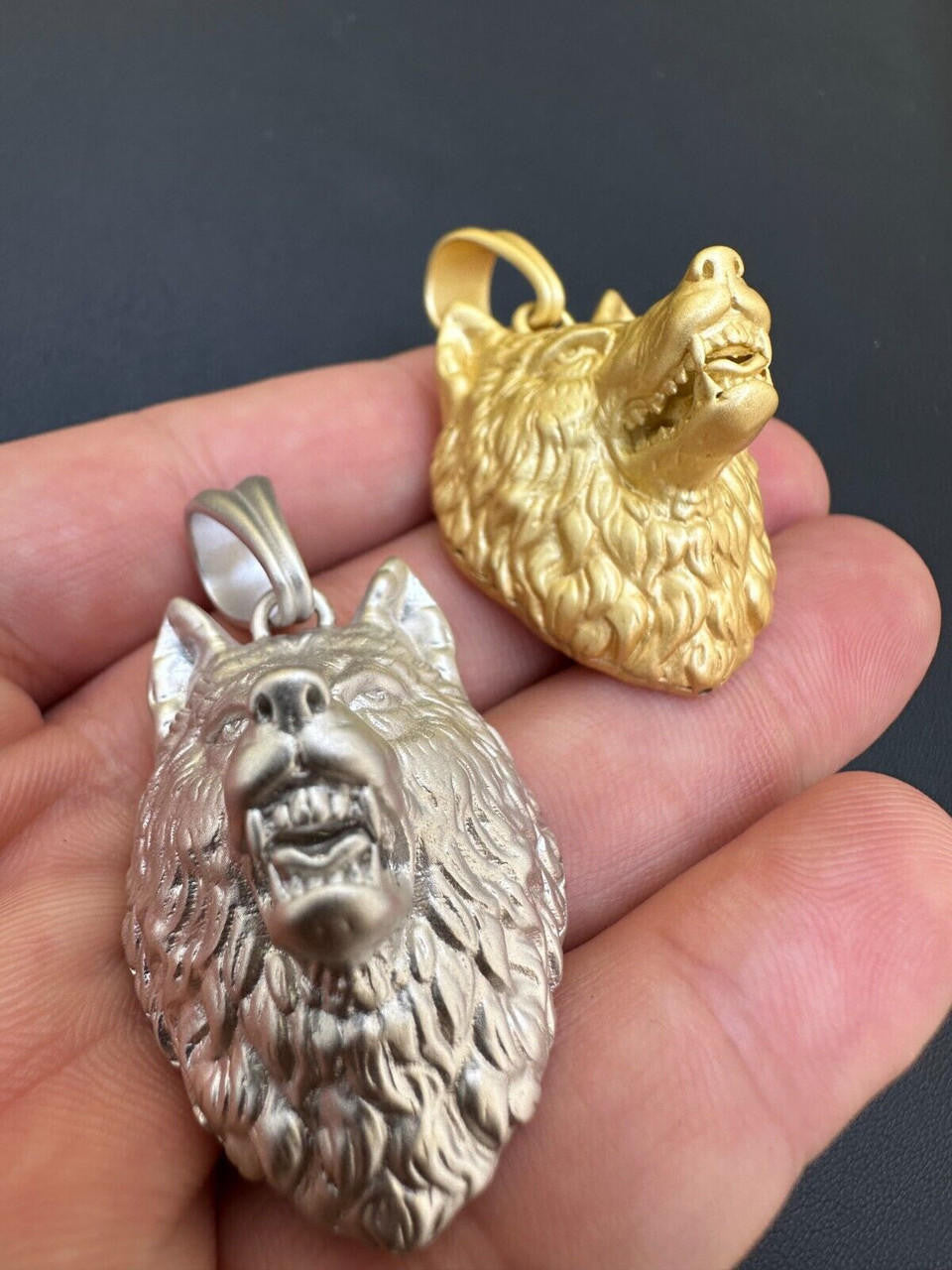Wolf Head High Detailed Pendant - Sandblasted Matte Finish 14k Gold Vermeil Or 925 Silver - Medium 2"
