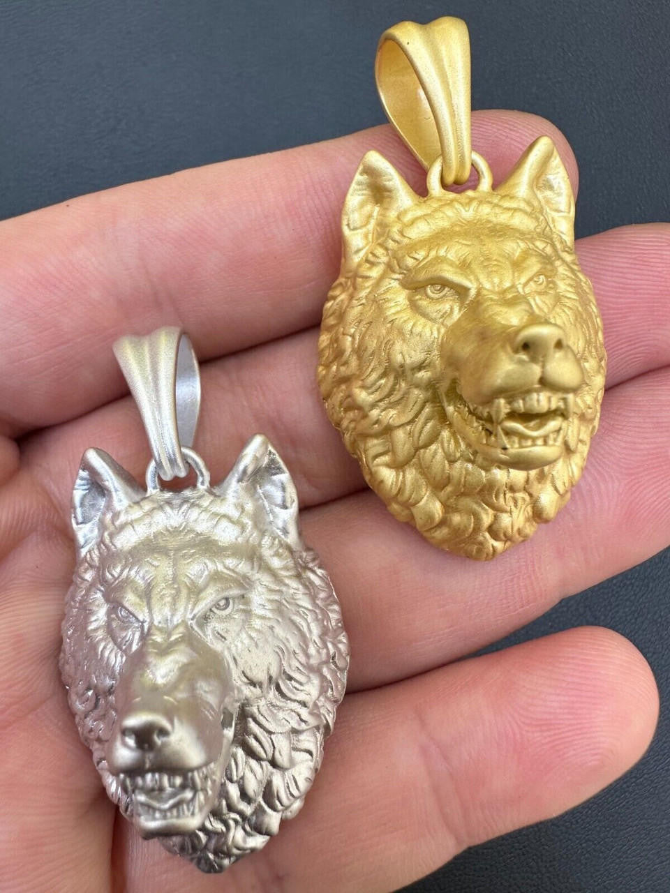 Wolf Head High Detailed Pendant - Sandblasted Matte Finish 14k Gold Vermeil Or 925 Silver - Medium 2"