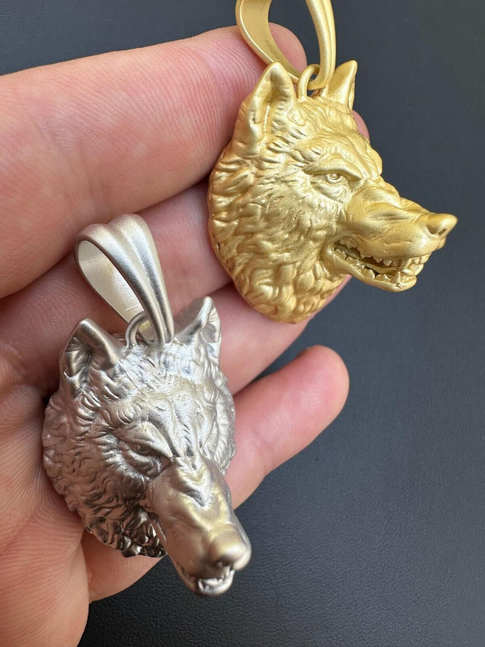 Wolf Head High Detailed Pendant - Sandblasted Matte Finish 14k Gold Vermeil Or 925 Silver - Medium 2"
