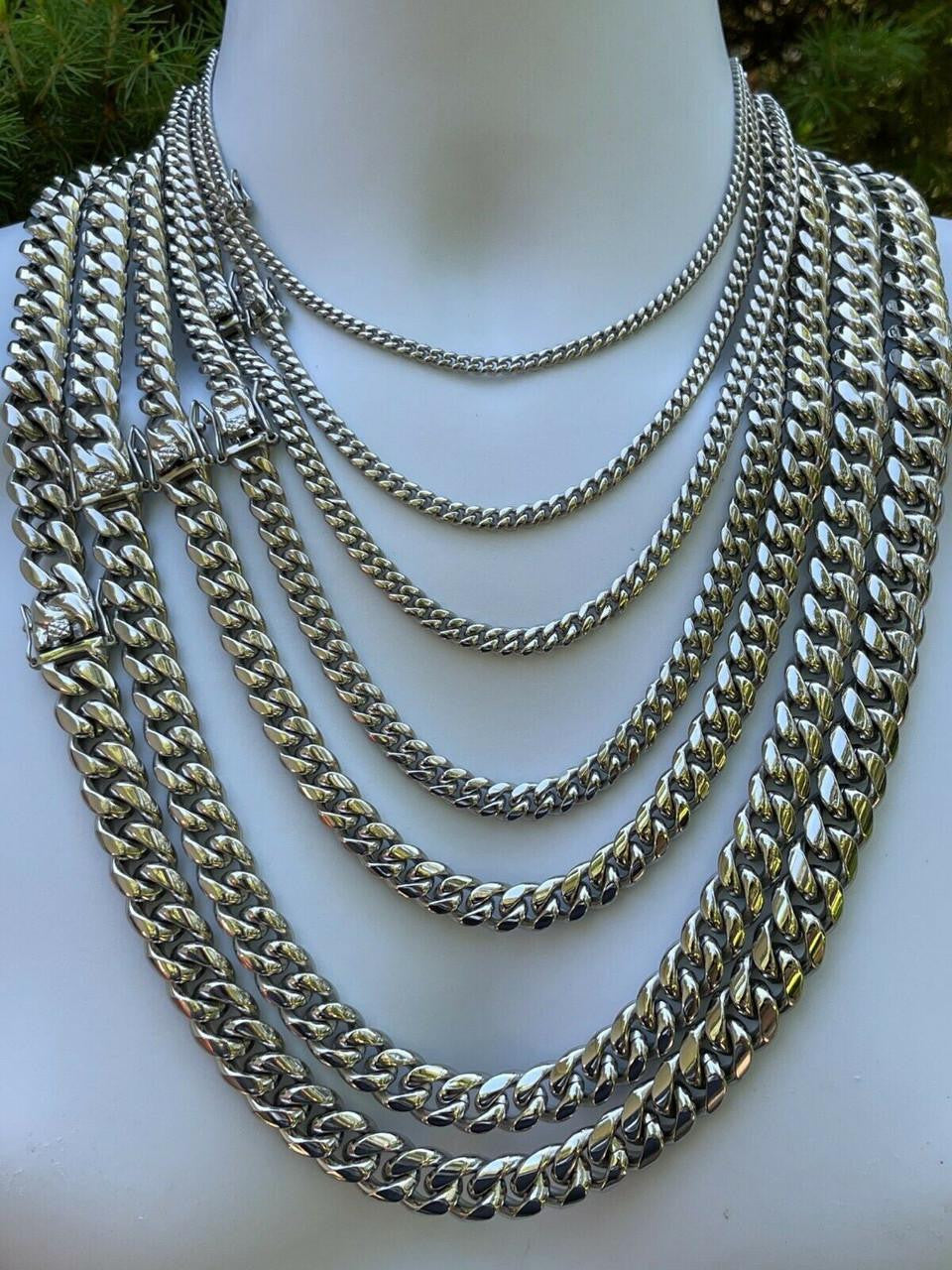 Real Solid Stainless Steel Miami Cuban Link Chain Necklace Box Clasp 4-18mm