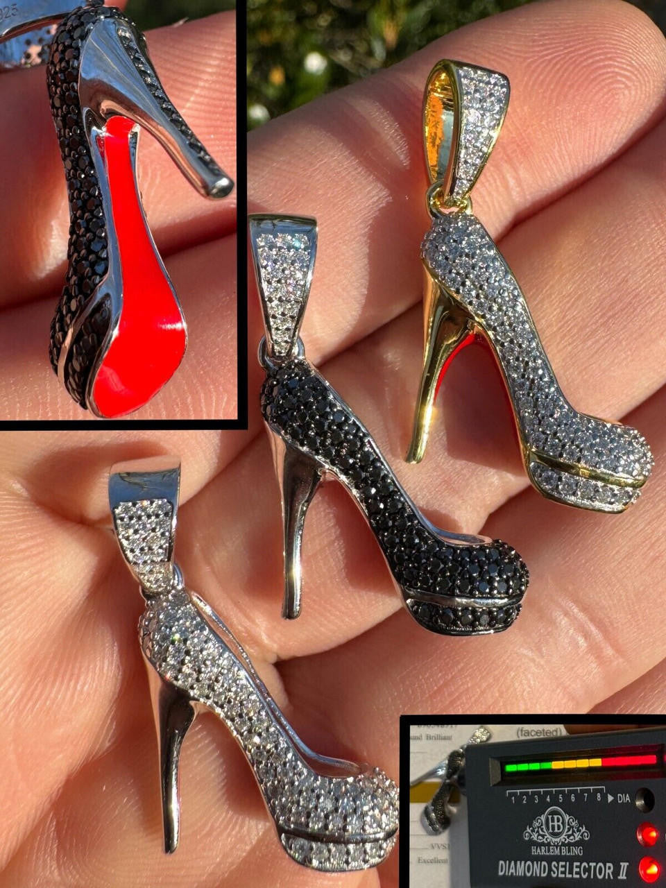MOISSANITE Red Bottom Stiletto Heels Pendant - 14k Gold Vermeil Or 925 Silver - Small 1.25"