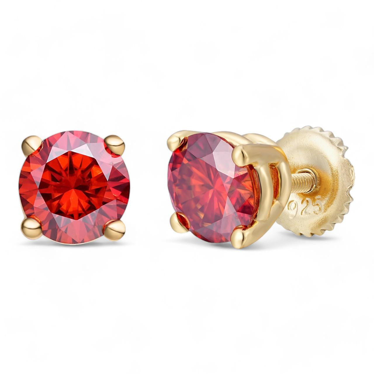 Red MOISSANITE Solitaire Stud Earrings - 14k Gold Vermeil 925 Silver - 3mm-8mm - 0.2-4ct