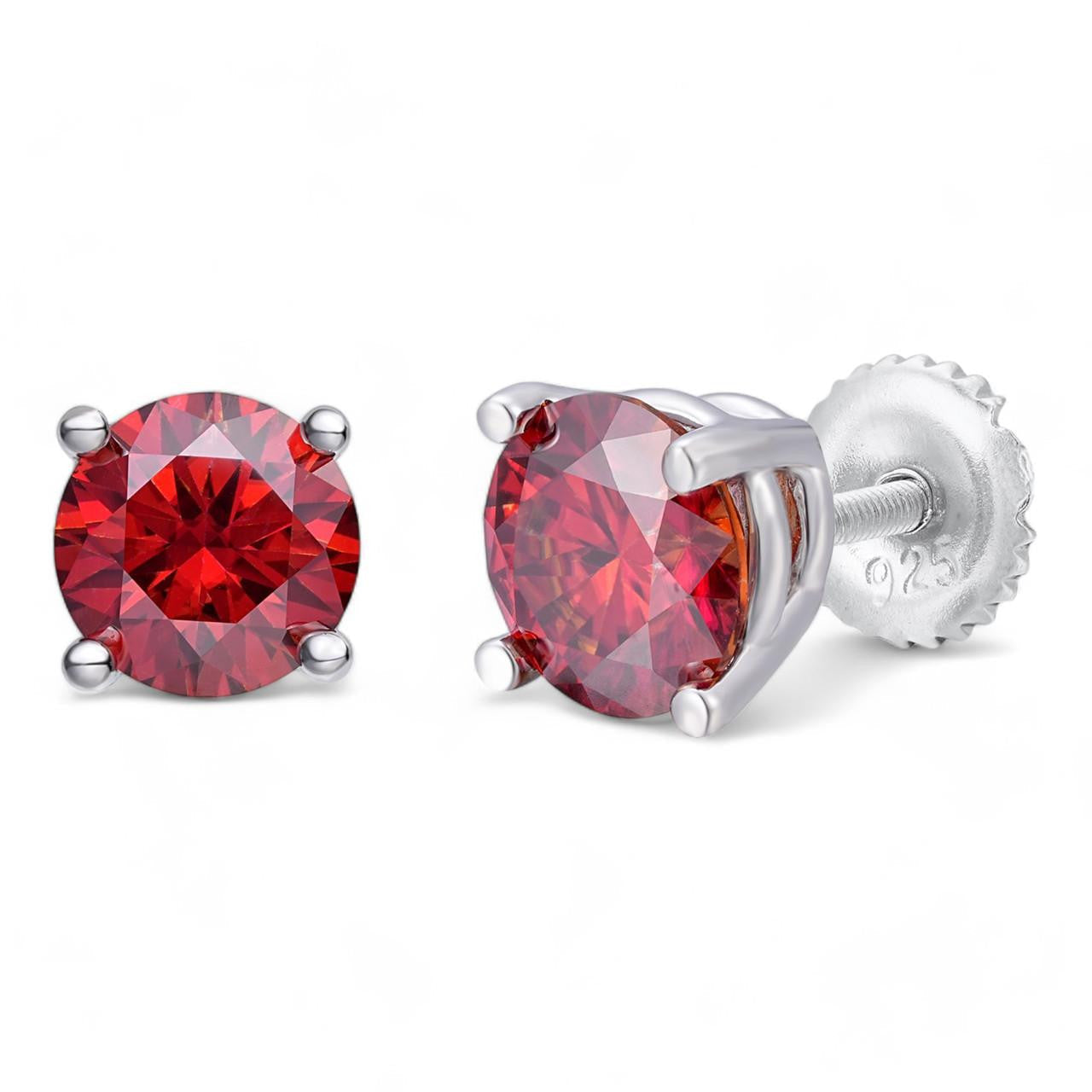 Red MOISSANITE Solitaire Stud Earrings - 925 Silver - 3mm-8mm - 0.2-4ct