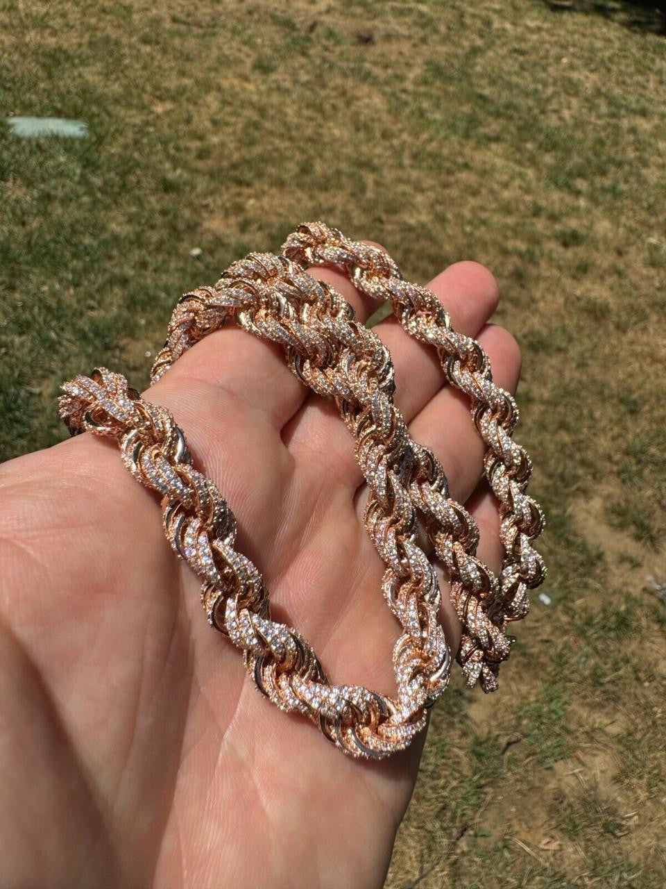 Rope Chain Necklace Iced Out CZ Stones - 14k Rose Gold Vermeil 925 Silver - 9mm - 16"-30"