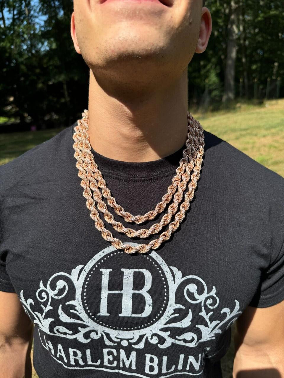 Rope Chain Necklace Iced Out CZ Stones - 14k Rose Gold Vermeil 925 Silver - 9mm - 16"-30"