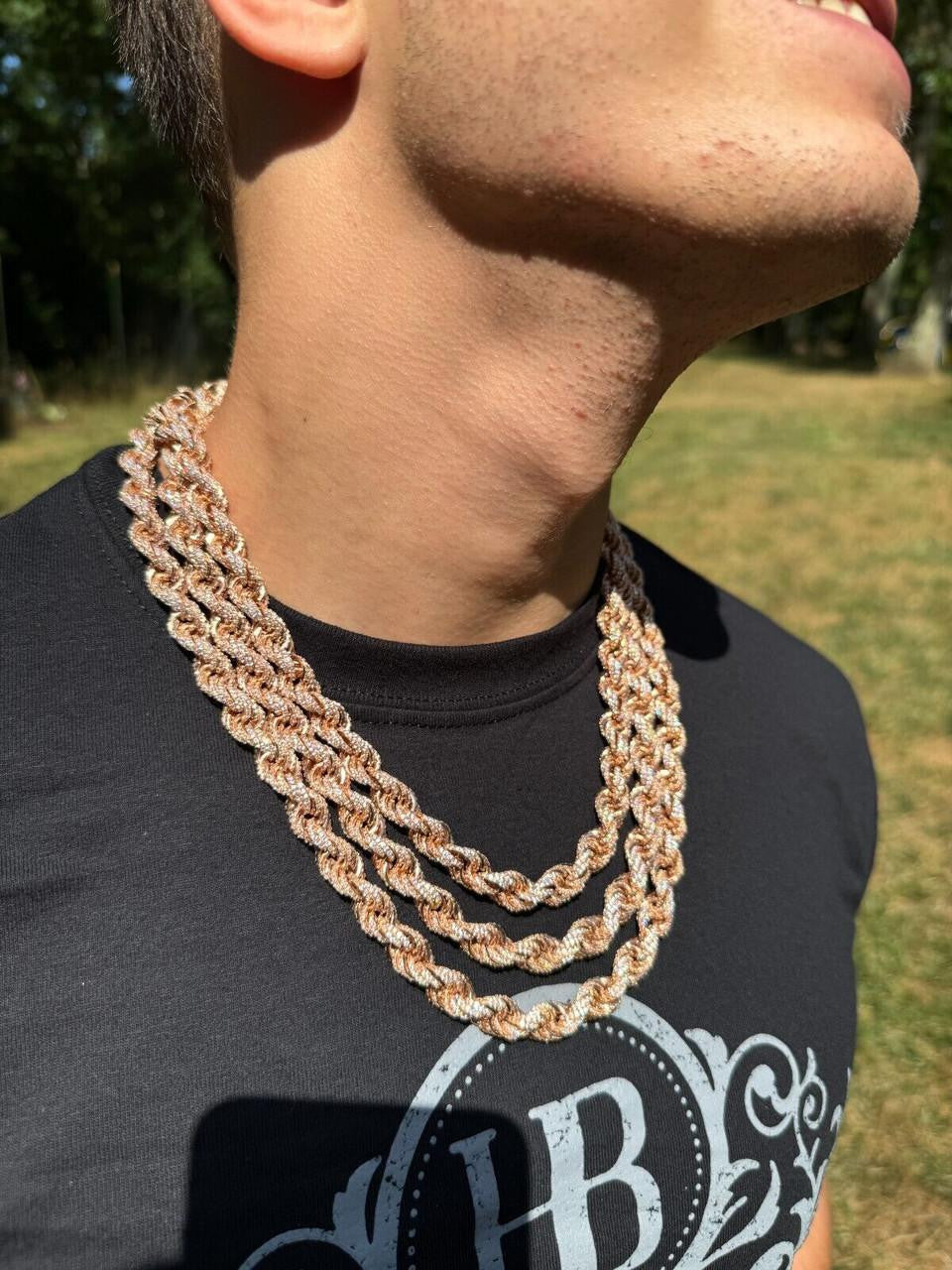 Rope Chain Necklace Iced Out CZ Stones - 14k Rose Gold Vermeil 925 Silver - 9mm - 16"-30"
