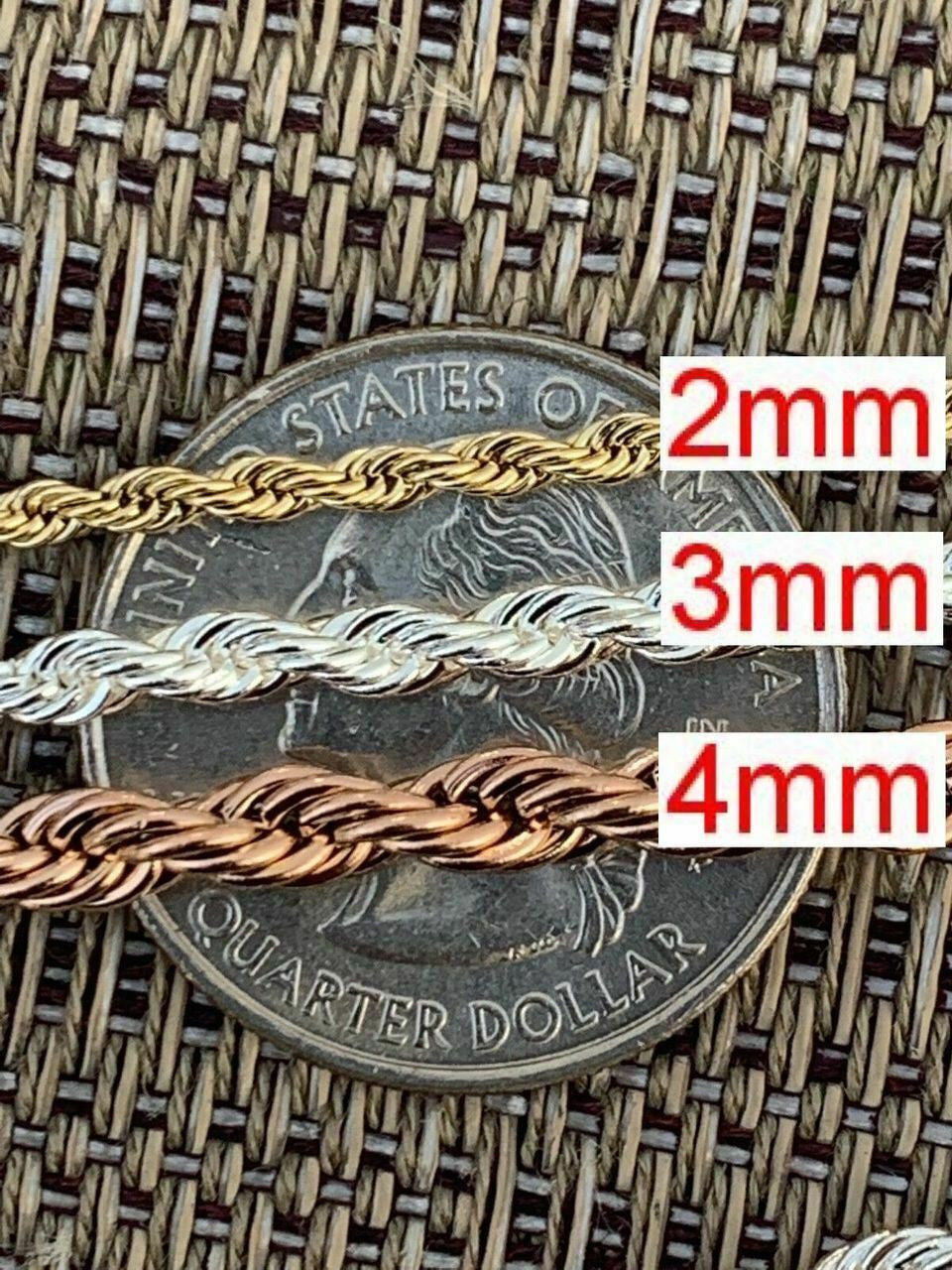 Rope Chain - Yellow Rose Or White Gold Over Solid Stainless Steel - 2-6mm 18-30"