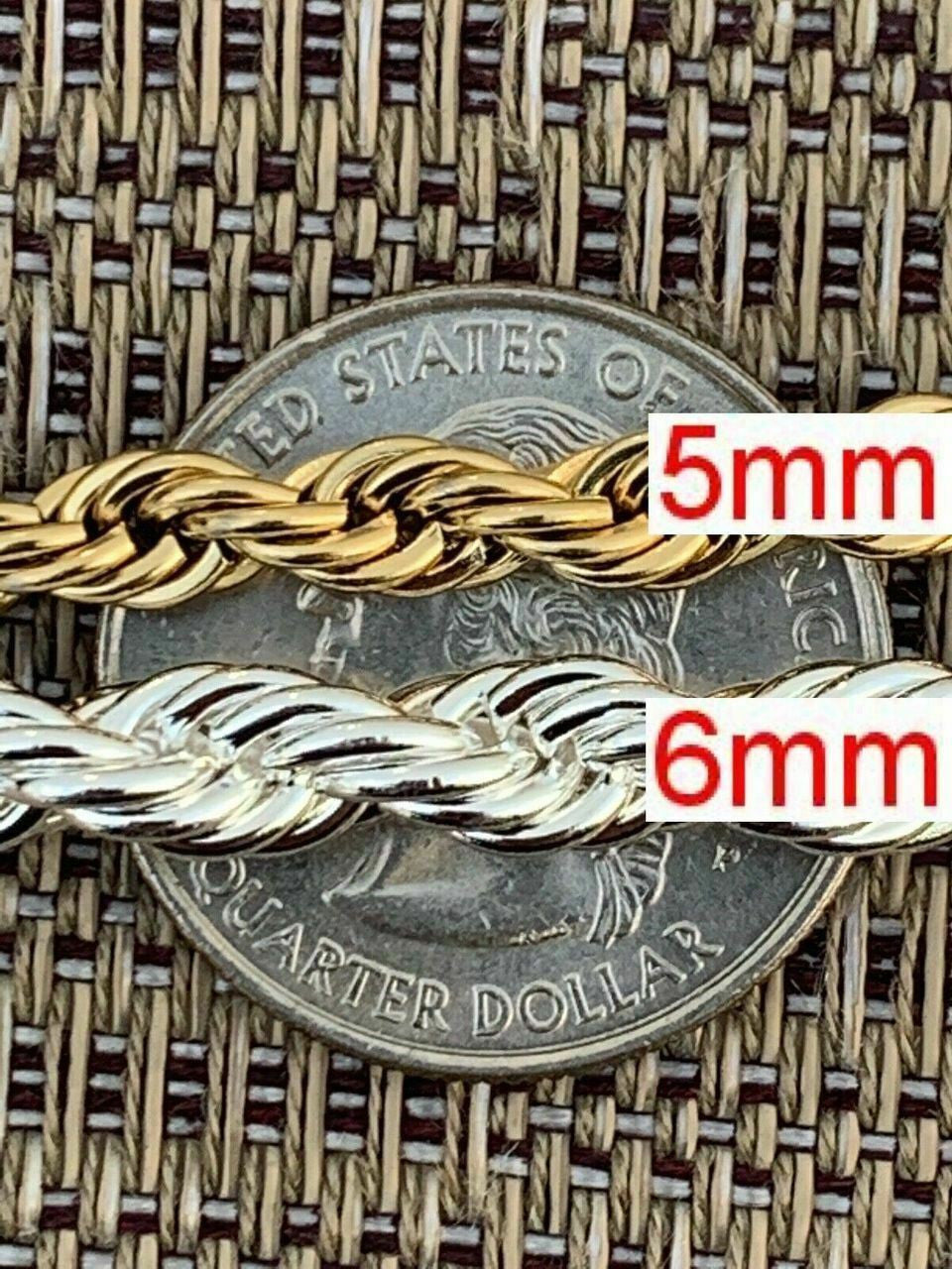 Rope Chain - Yellow Rose Or White Gold Over Solid Stainless Steel - 2-6mm 18-30"