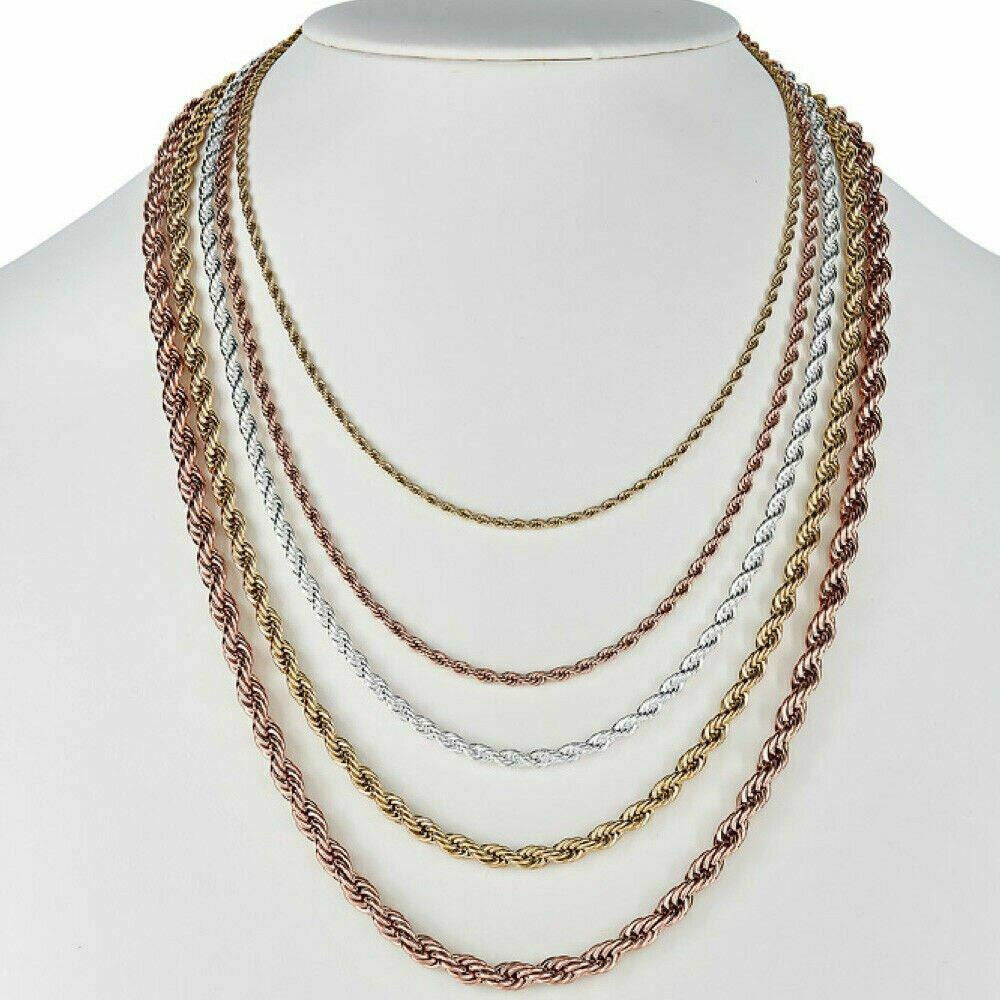 Rope Chain - Yellow Rose Or White Gold Over Solid Stainless Steel - 2-6mm 18-30"