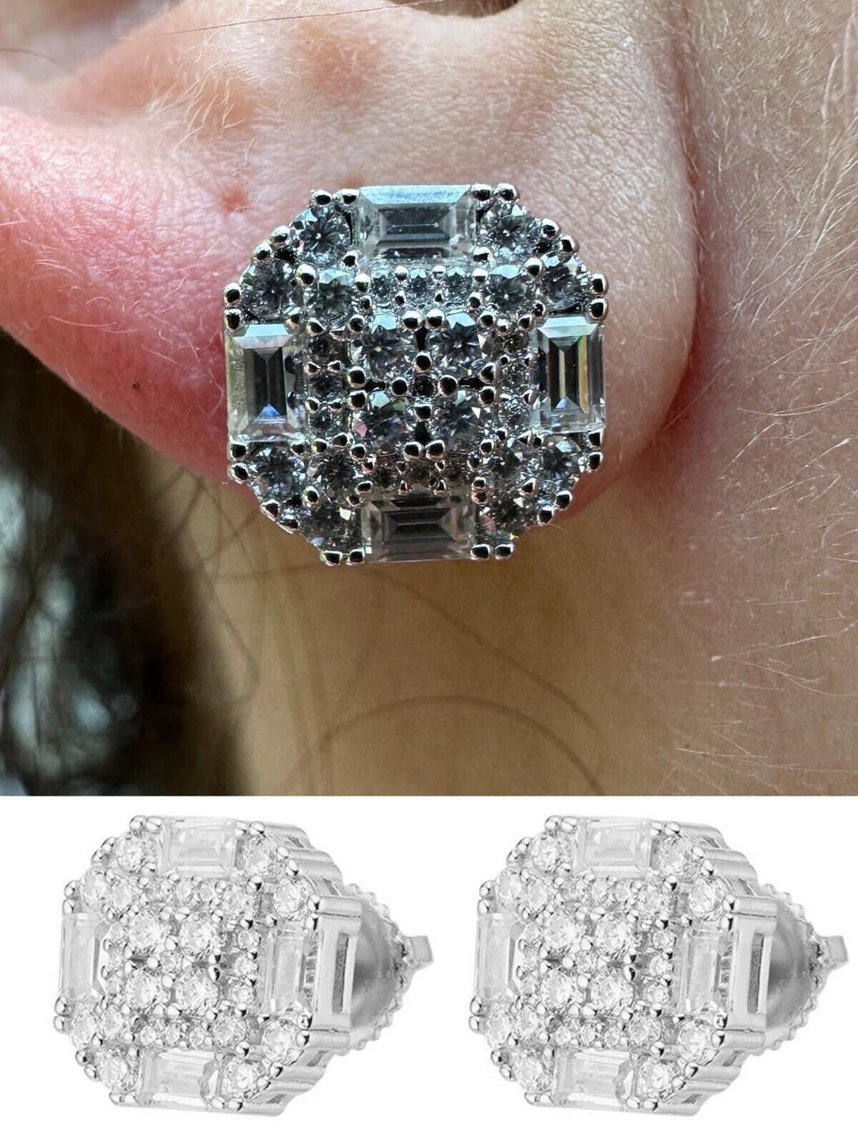 Baguette Star Iced Out Earrings - 925 Silver - CZ Stones - 10mm