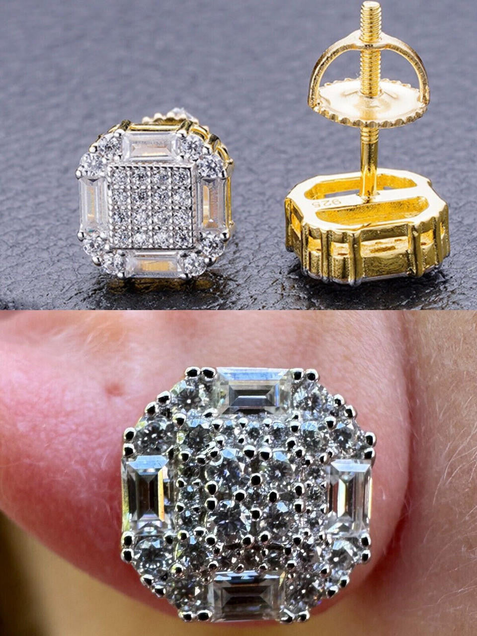 Baguette Star Iced Out Earrings - 14k Gold Vermeil 925 Silver - CZ Stones - 10mm