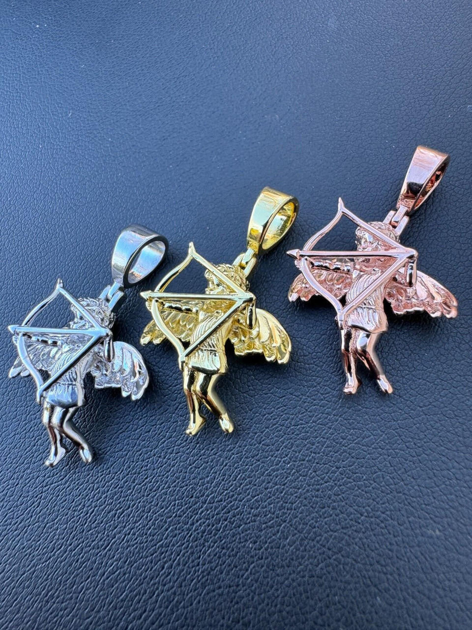 Love Cupid W. Bow and Arrow Cherub Pendant - 14k Yellow/Rose Gold Vermeil Or 925 Silver - CZ Stones - Small 1"