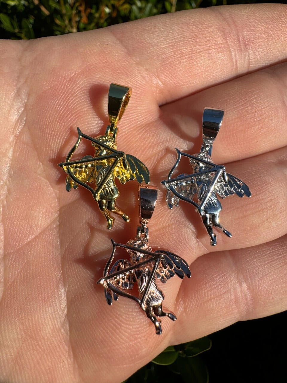 Love Cupid W. Bow and Arrow Cherub Pendant - 14k Yellow/Rose Gold Vermeil Or 925 Silver - CZ Stones - Small 1"