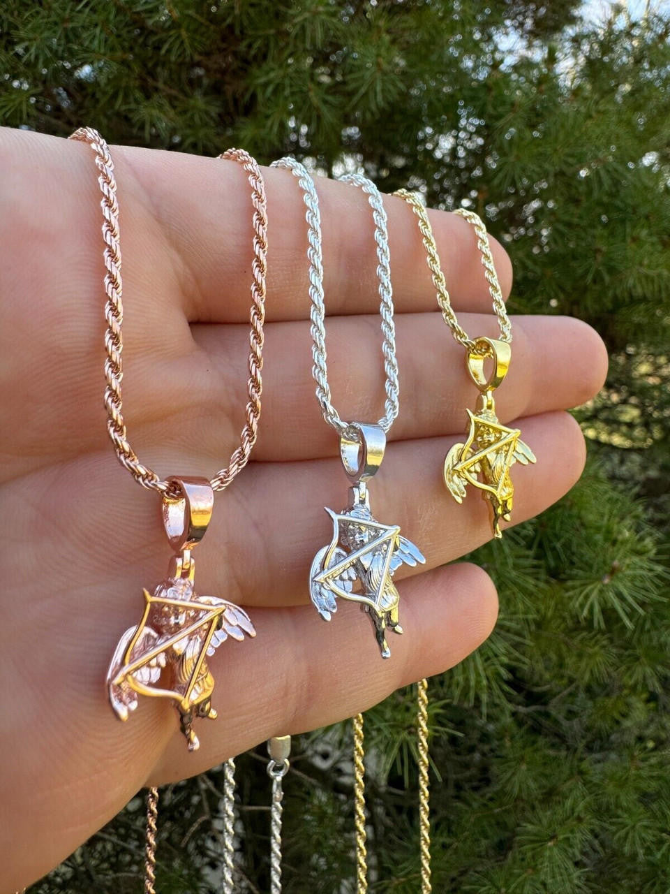 Love Cupid W. Bow and Arrow Cherub Pendant - 14k Yellow/Rose Gold Vermeil Or 925 Silver - CZ Stones - Small 1"
