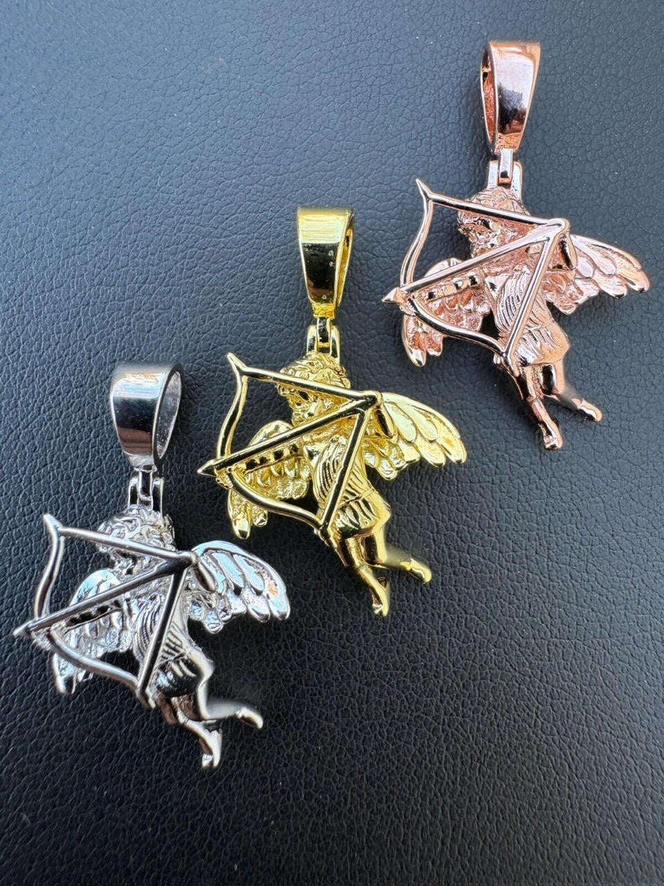 Love Cupid W. Bow and Arrow Cherub Pendant - 14k Yellow/Rose Gold Vermeil Or 925 Silver - CZ Stones - Small 1"
