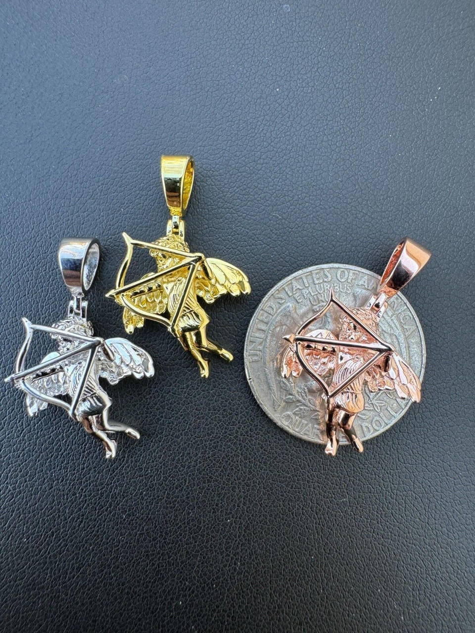 Love Cupid W. Bow and Arrow Cherub Pendant - 14k Yellow/Rose Gold Vermeil Or 925 Silver - CZ Stones - Small 1"