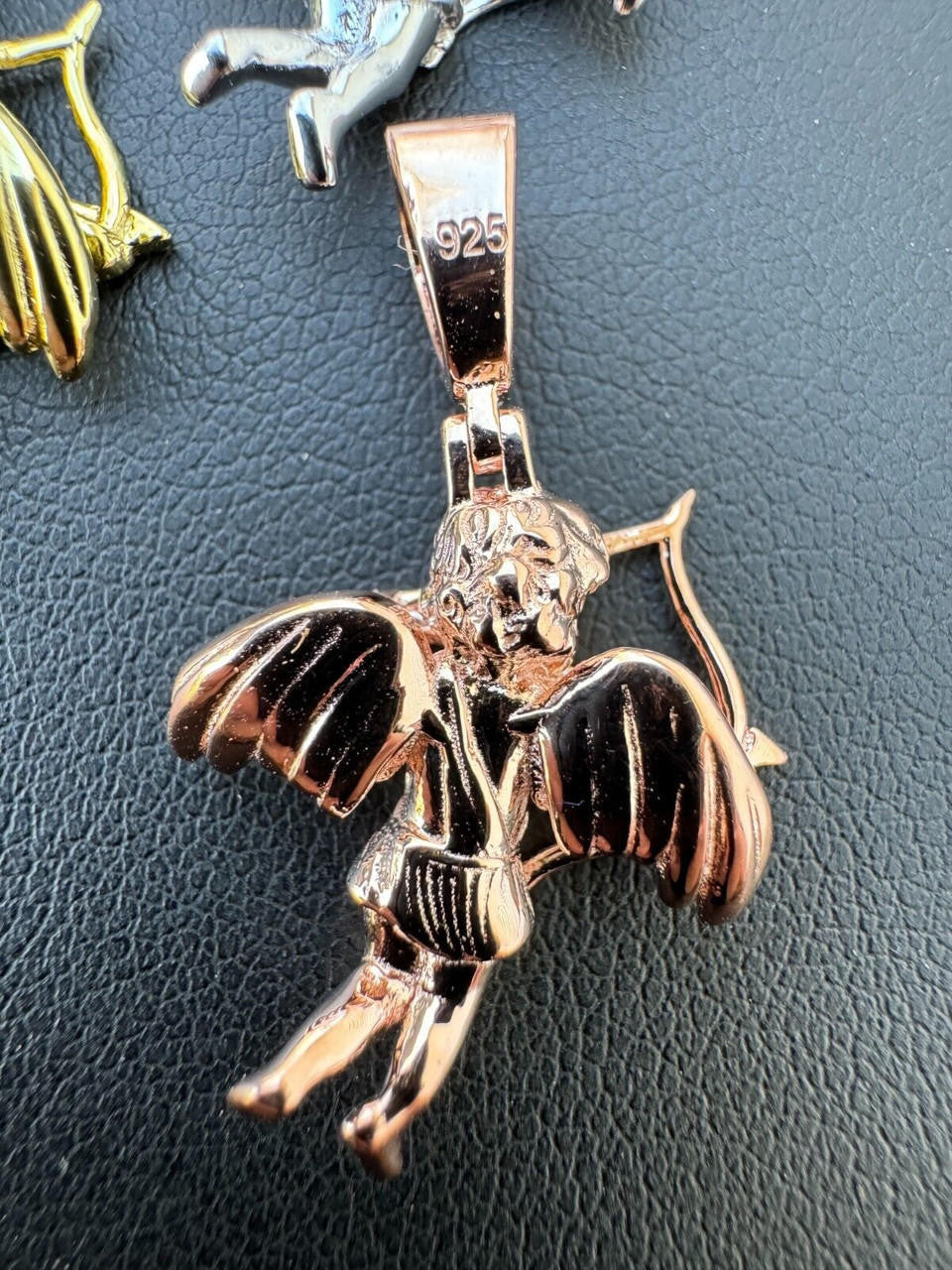 Love Cupid W. Bow and Arrow Cherub Pendant - 14k Yellow/Rose Gold Vermeil Or 925 Silver - CZ Stones - Small 1"