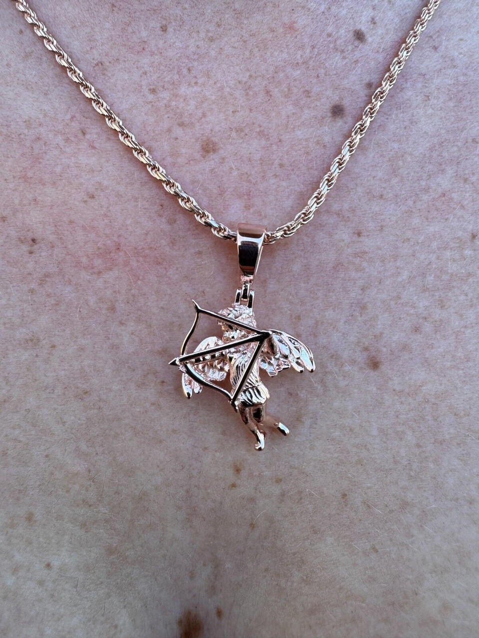 Love Cupid W. Bow and Arrow Cherub Pendant - 14k Yellow/Rose Gold Vermeil Or 925 Silver - CZ Stones - Small 1"