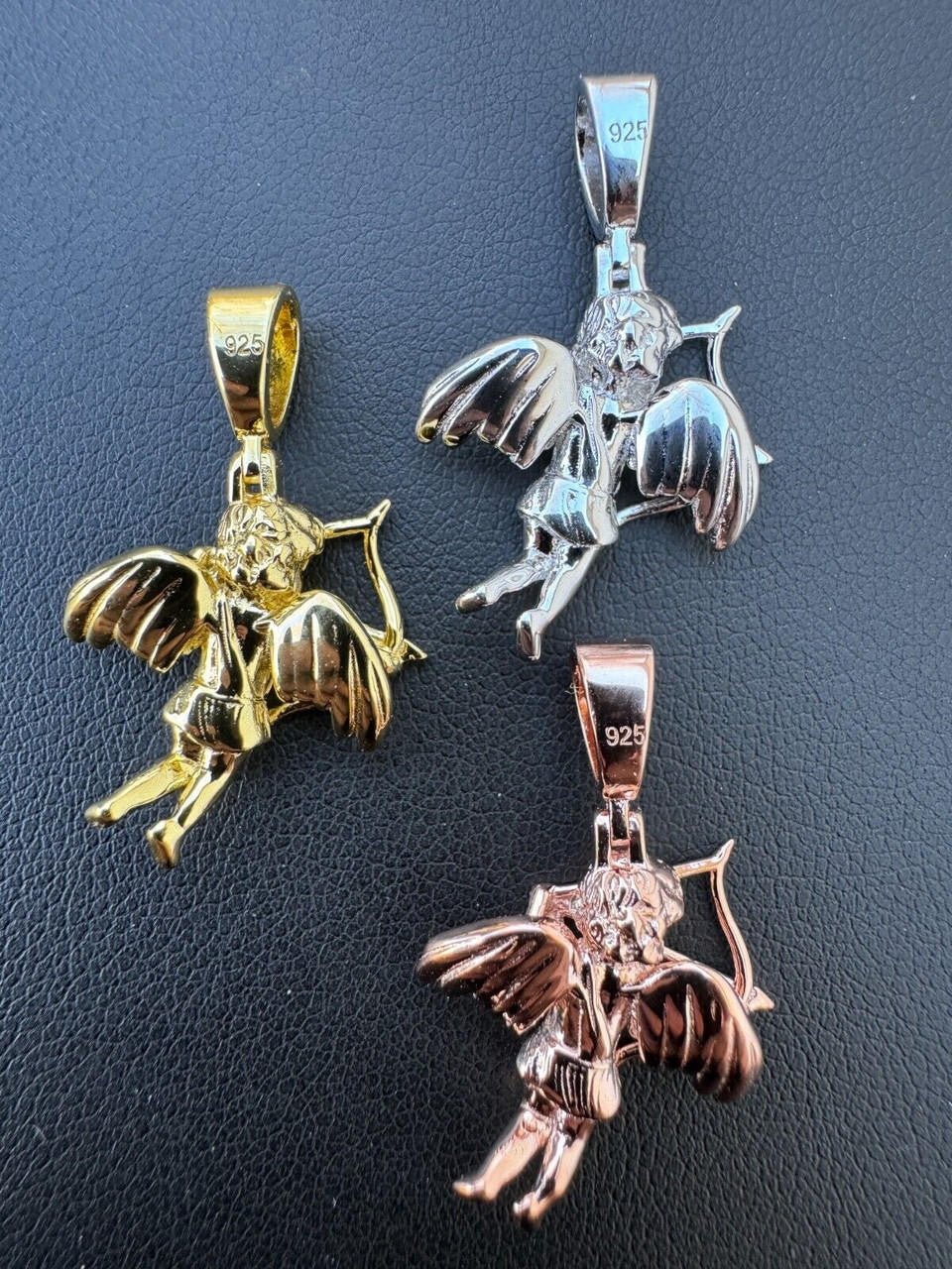 Love Cupid W. Bow and Arrow Cherub Pendant - 14k Yellow/Rose Gold Vermeil Or 925 Silver - CZ Stones - Small 1"