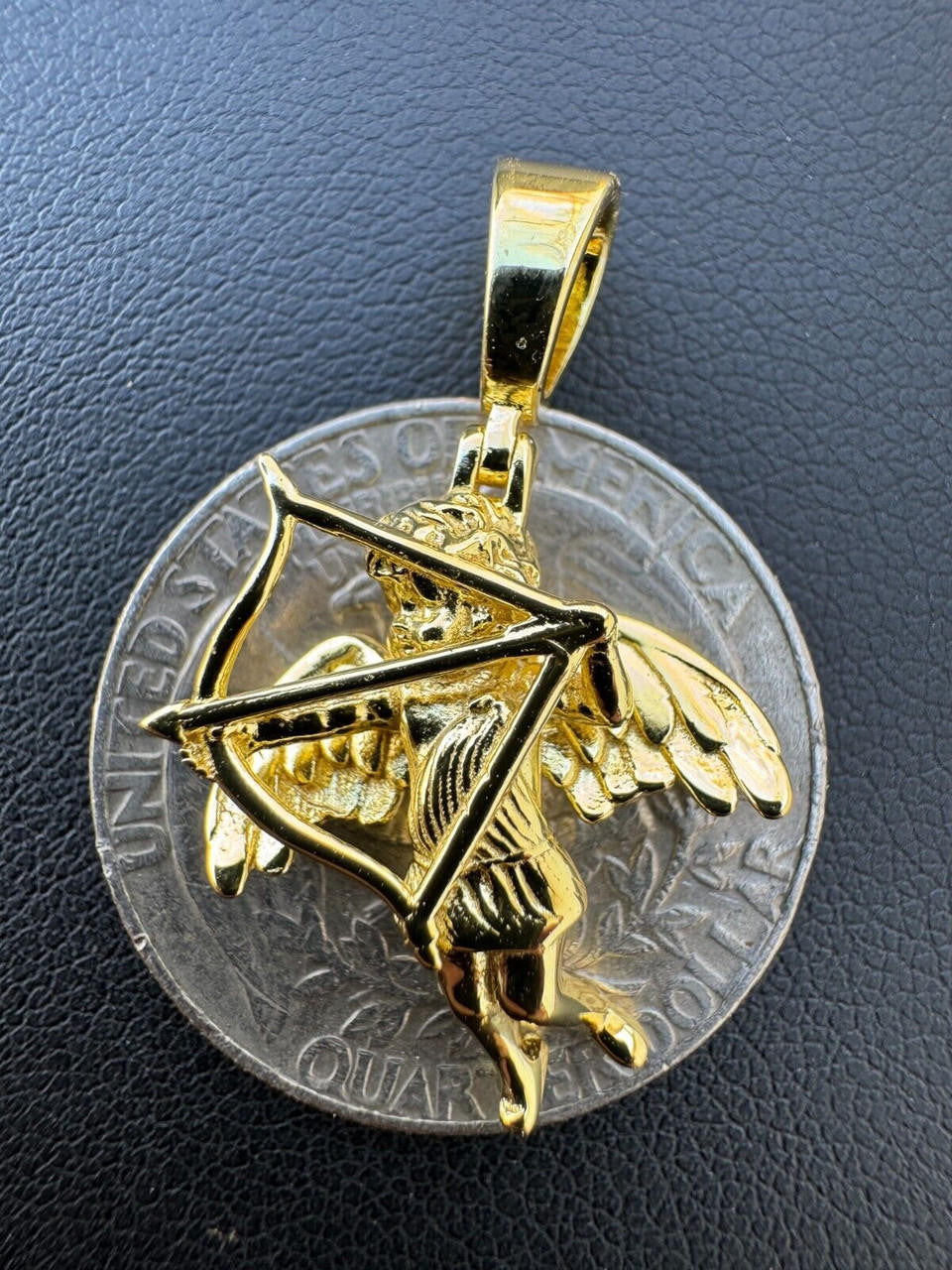 Love Cupid W. Bow and Arrow Cherub Pendant - 14k Yellow/Rose Gold Vermeil Or 925 Silver - CZ Stones - Small 1"