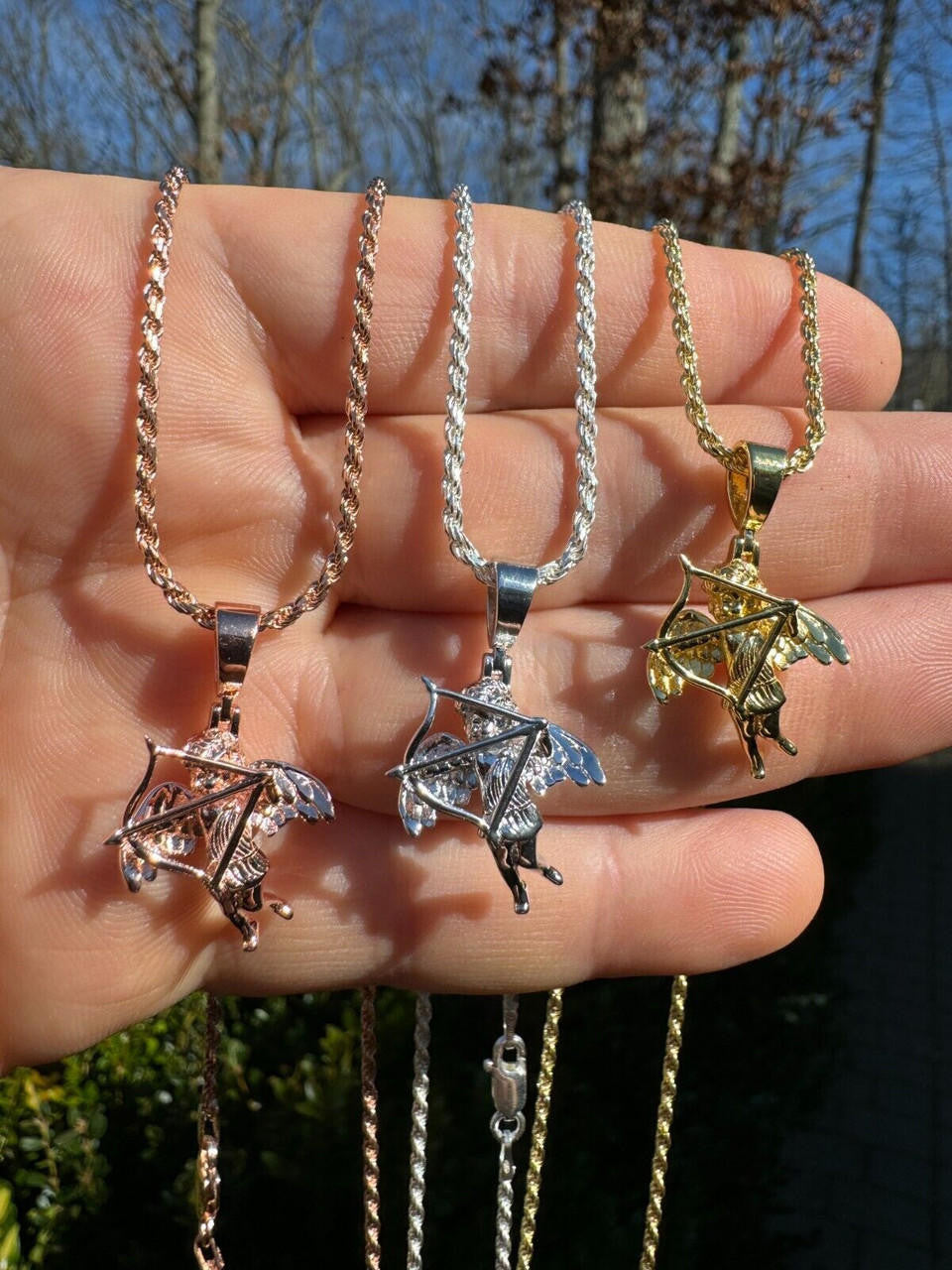 Love Cupid W. Bow and Arrow Cherub Pendant - 14k Yellow/Rose Gold Vermeil Or 925 Silver - CZ Stones - Small 1"