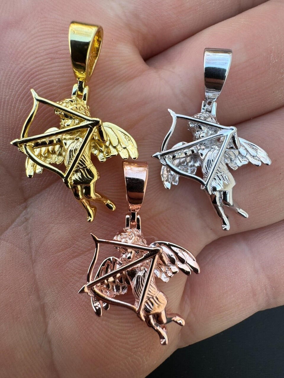 Love Cupid W. Bow and Arrow Cherub Pendant - 14k Yellow/Rose Gold Vermeil Or 925 Silver - CZ Stones - Small 1"