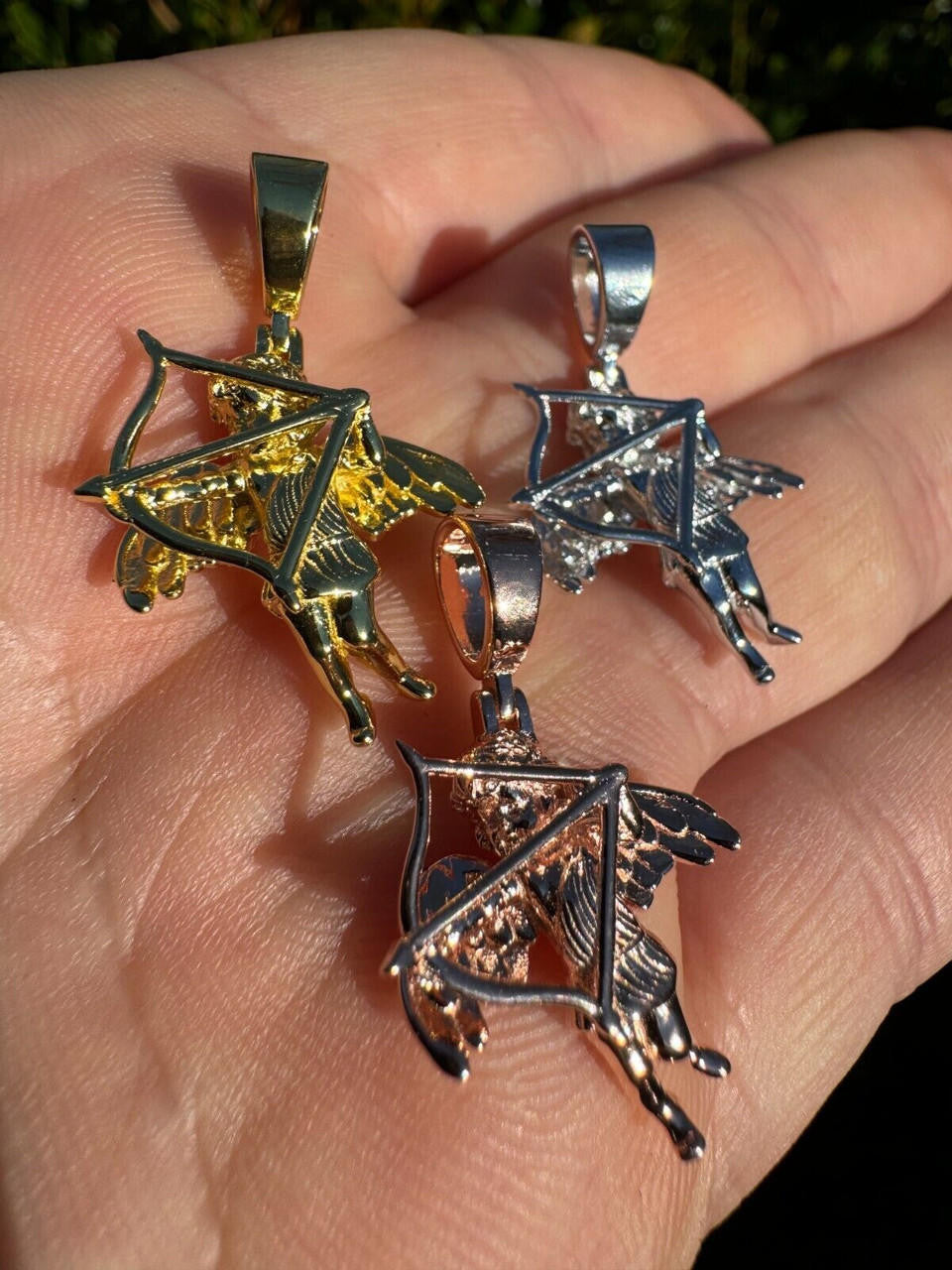 Love Cupid W. Bow and Arrow Cherub Pendant - 14k Yellow/Rose Gold Vermeil Or 925 Silver - CZ Stones - Small 1"