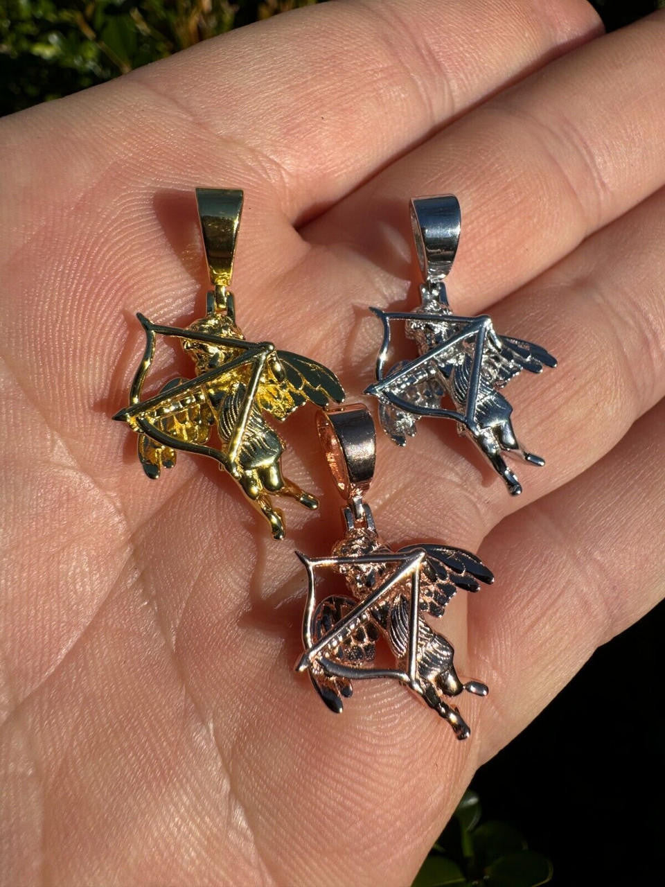 Love Cupid W. Bow and Arrow Cherub Pendant - 14k Yellow/Rose Gold Vermeil Or 925 Silver - CZ Stones - Small 1"