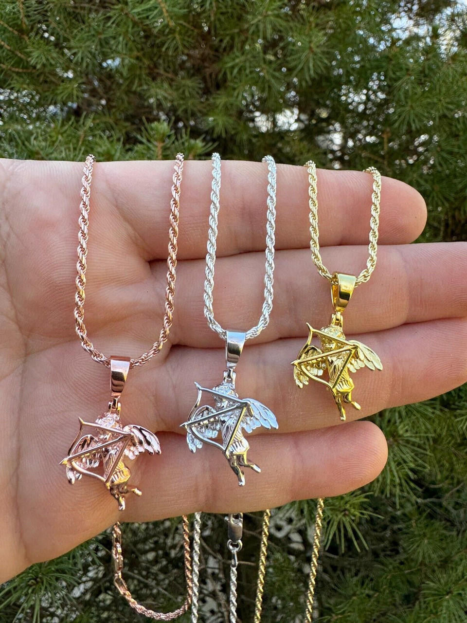 Love Cupid W. Bow and Arrow Cherub Pendant - 14k Yellow/Rose Gold Vermeil Or 925 Silver - CZ Stones - Small 1"