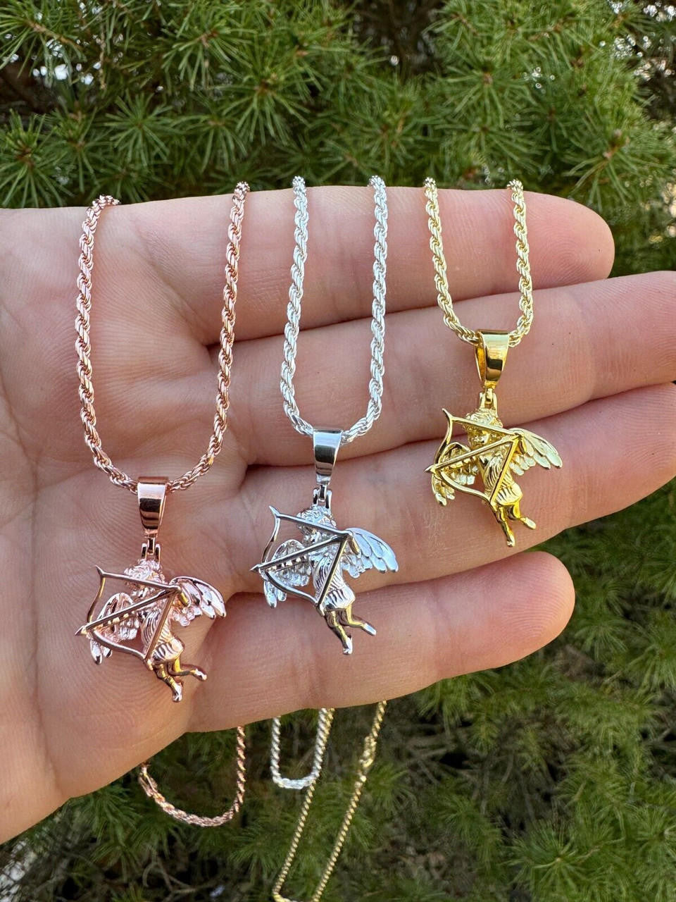 Love Cupid W. Bow and Arrow Cherub Pendant - 14k Yellow/Rose Gold Vermeil Or 925 Silver - CZ Stones - Small 1"
