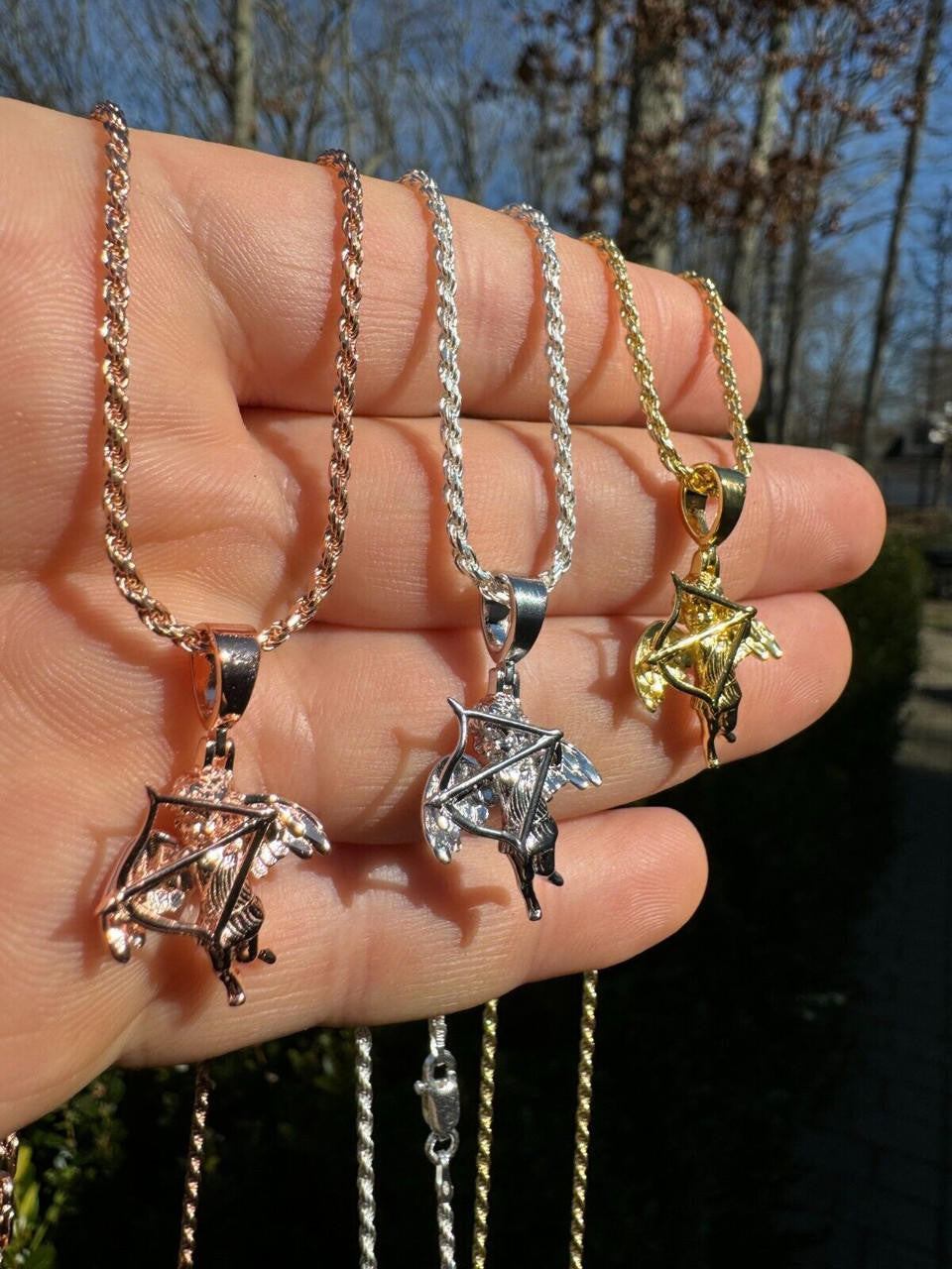 Love Cupid W. Bow and Arrow Cherub Pendant - 14k Yellow/Rose Gold Vermeil Or 925 Silver - CZ Stones - Small 1"