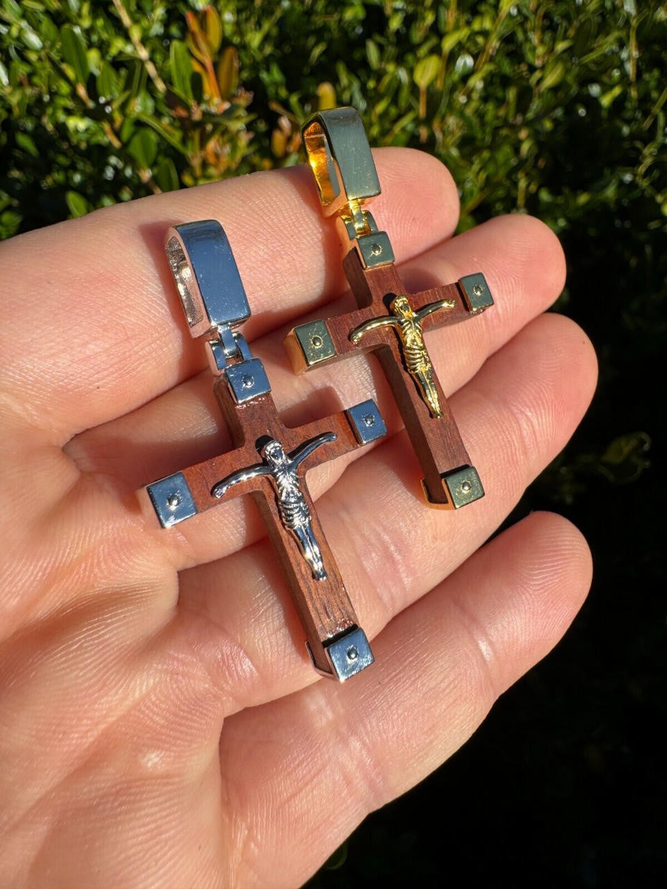 Natural Wood Plain Jesus Cross Pendant - 14k Gold Vermeil Or 925 Silver - Small 1.5"