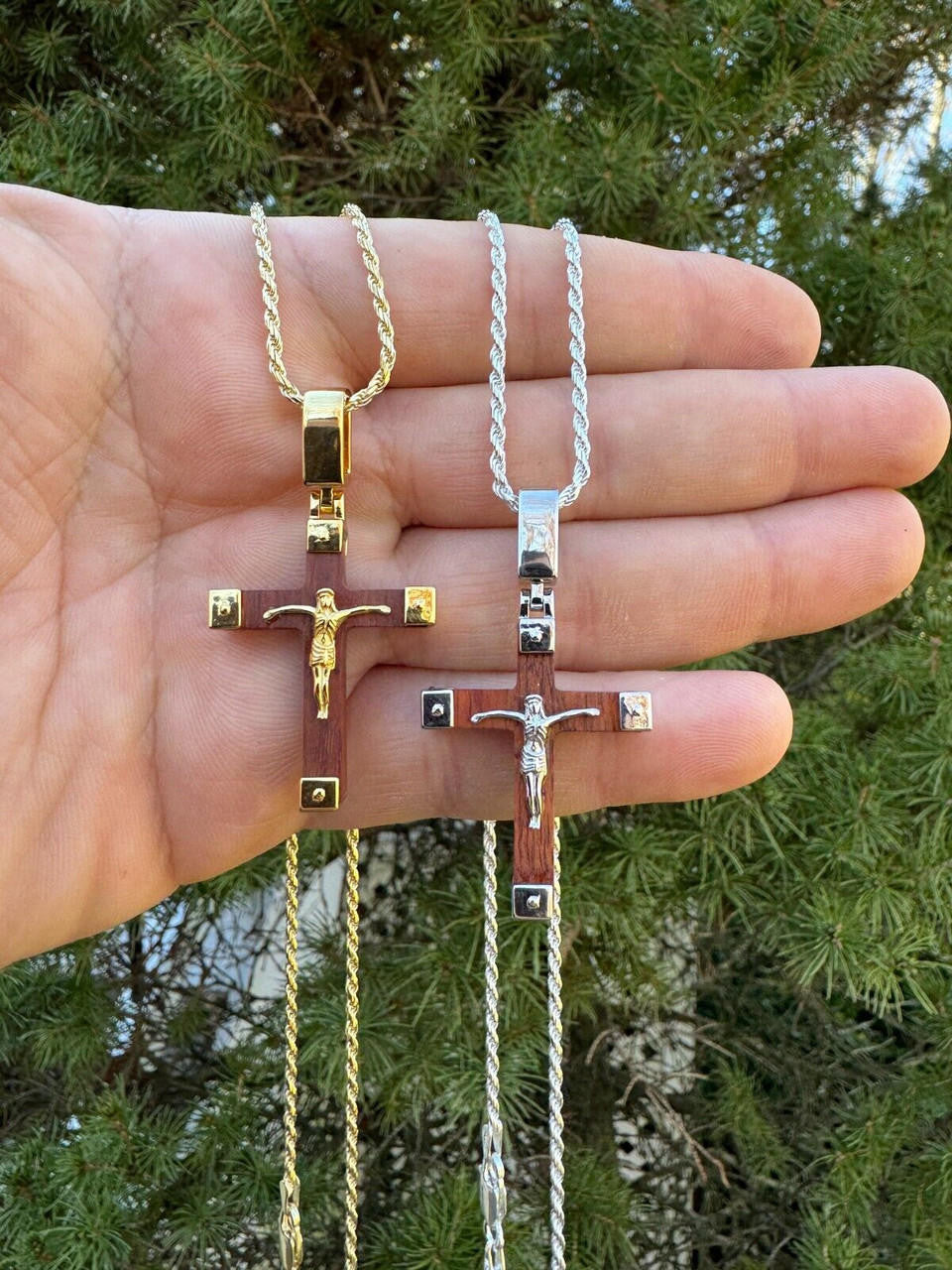 Natural Wood Plain Jesus Cross Pendant - 14k Gold Vermeil Or 925 Silver - Small 1.5"