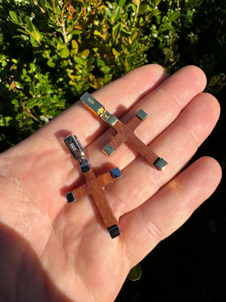 Natural Wood Plain Jesus Cross Pendant - 14k Gold Vermeil Or 925 Silver - Small 1.5"