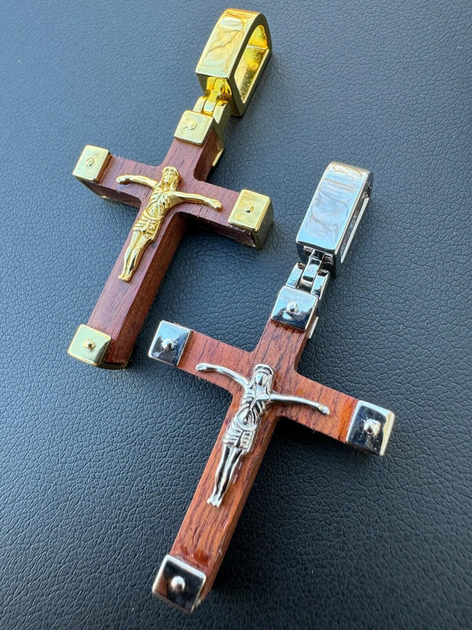 Natural Wood Plain Jesus Cross Pendant - 14k Gold Vermeil Or 925 Silver - Small 1.5"