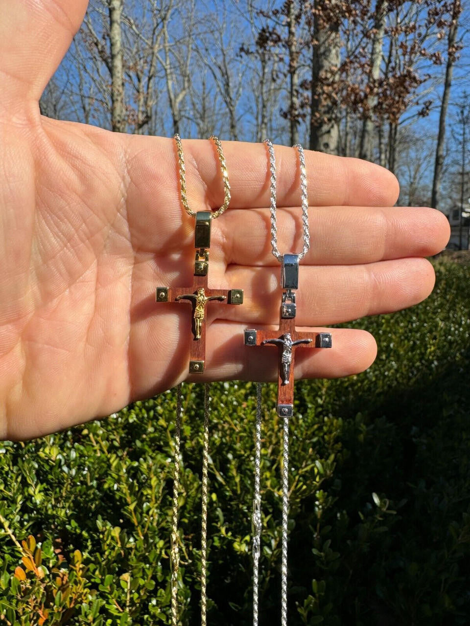 Natural Wood Plain Jesus Cross Pendant - 14k Gold Vermeil Or 925 Silver - Small 1.5"