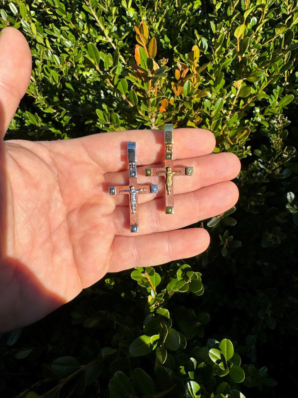 Natural Wood Plain Jesus Cross Pendant - 14k Gold Vermeil Or 925 Silver - Small 1.5"