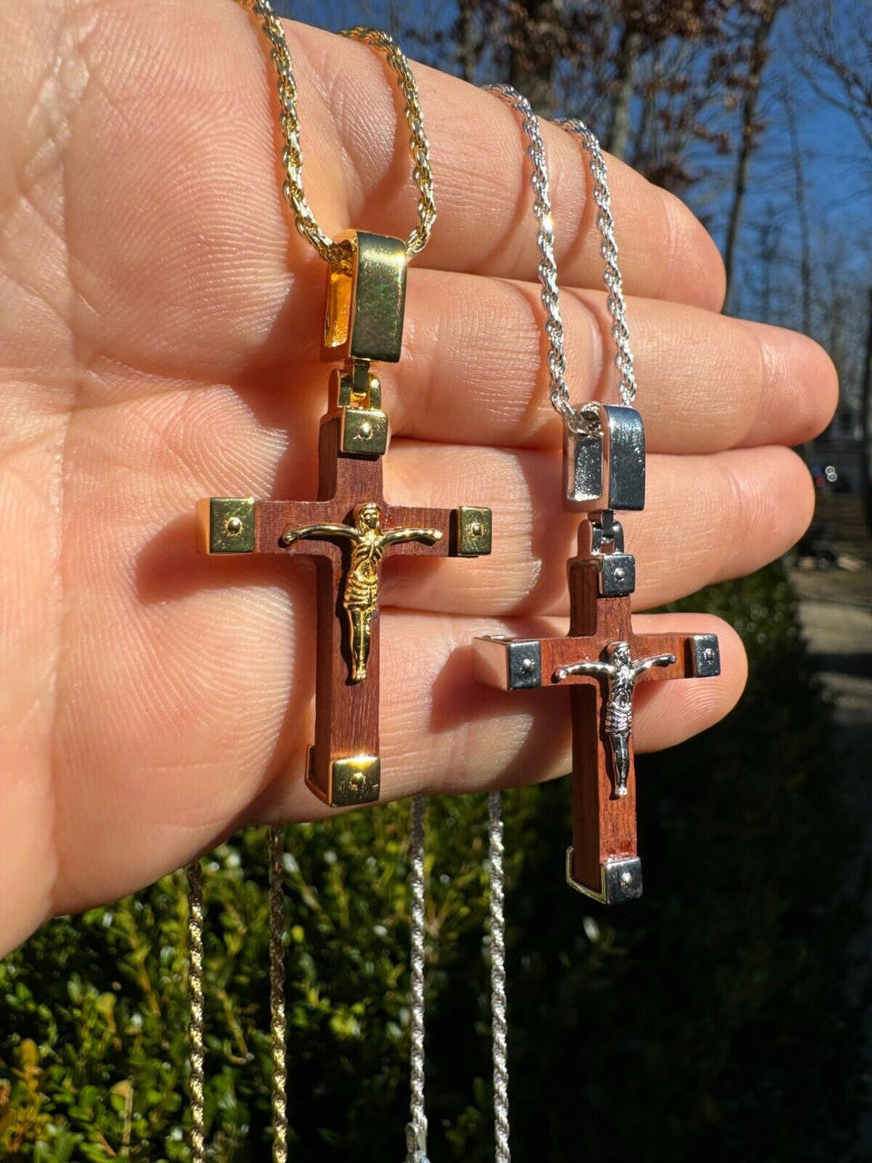 Natural Wood Plain Jesus Cross Pendant - 14k Gold Vermeil Or 925 Silver - Small 1.5"
