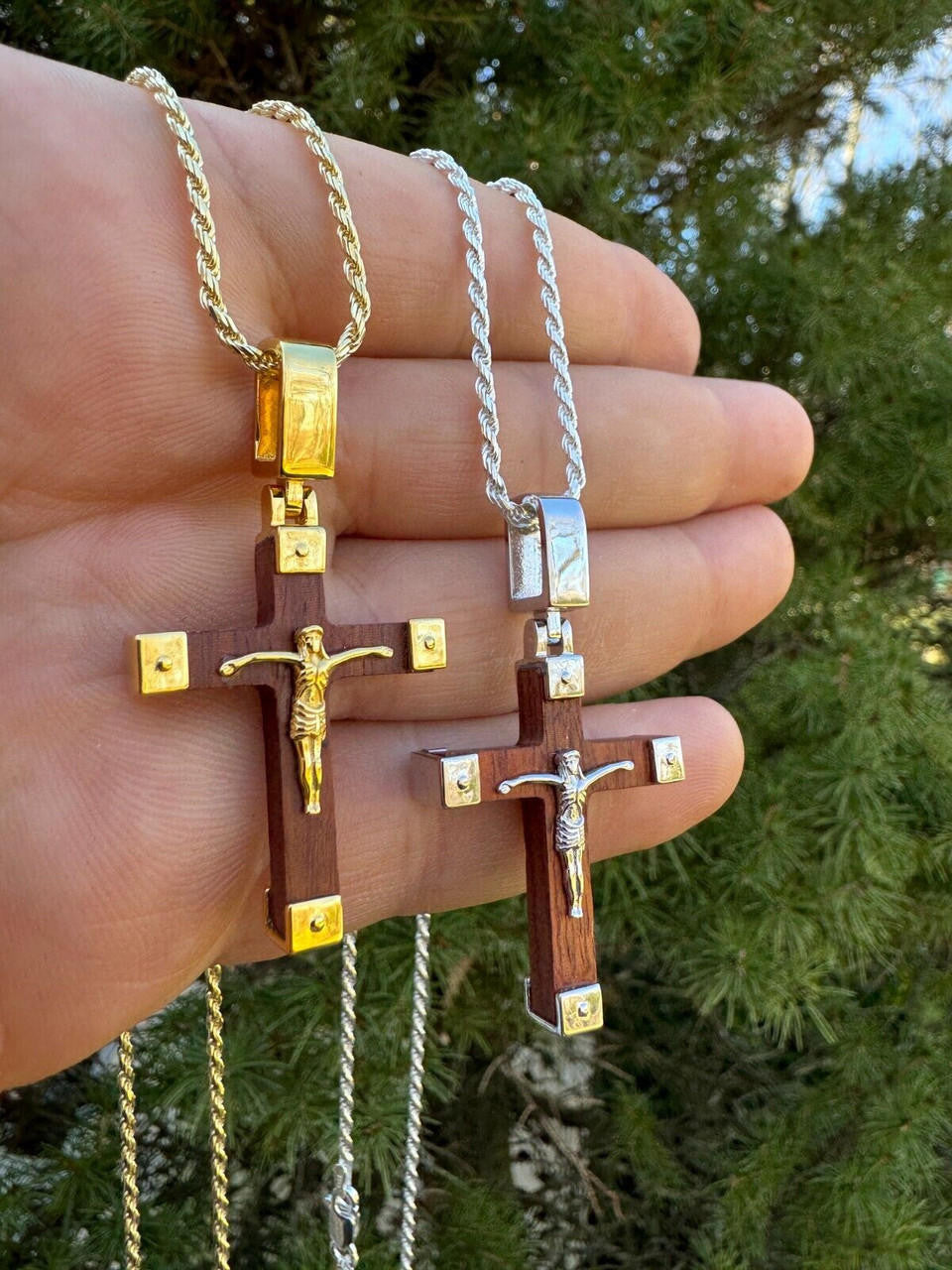 Natural Wood Plain Jesus Cross Pendant - 14k Gold Vermeil Or 925 Silver - Small 1.5"