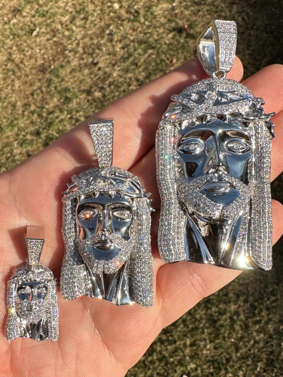 Real DIAMOND Iced Out Hip Hop Jesus Face Pendant - 14k White Gold - 3 Sizes 1"-3"