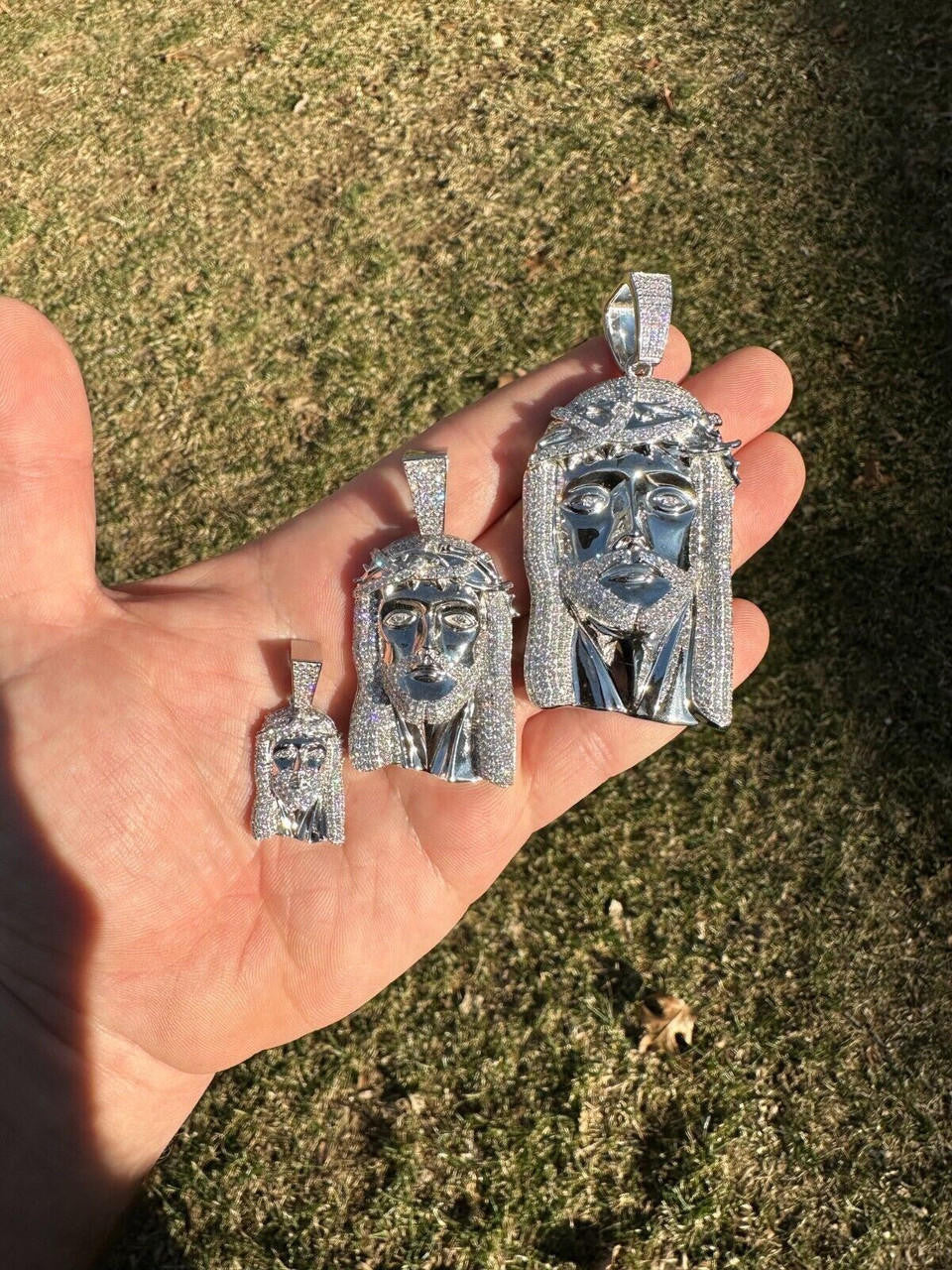 Real DIAMOND Iced Out Hip Hop Jesus Face Pendant - 14k White Gold - 3 Sizes 1"-3"