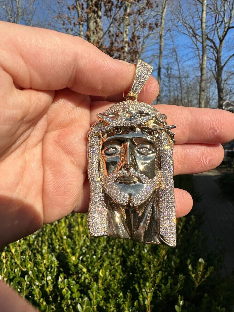 Real DIAMOND Iced Out Hip Hop Jesus Face Pendant - 14k Yellow Gold - 3 Sizes 1"-3"