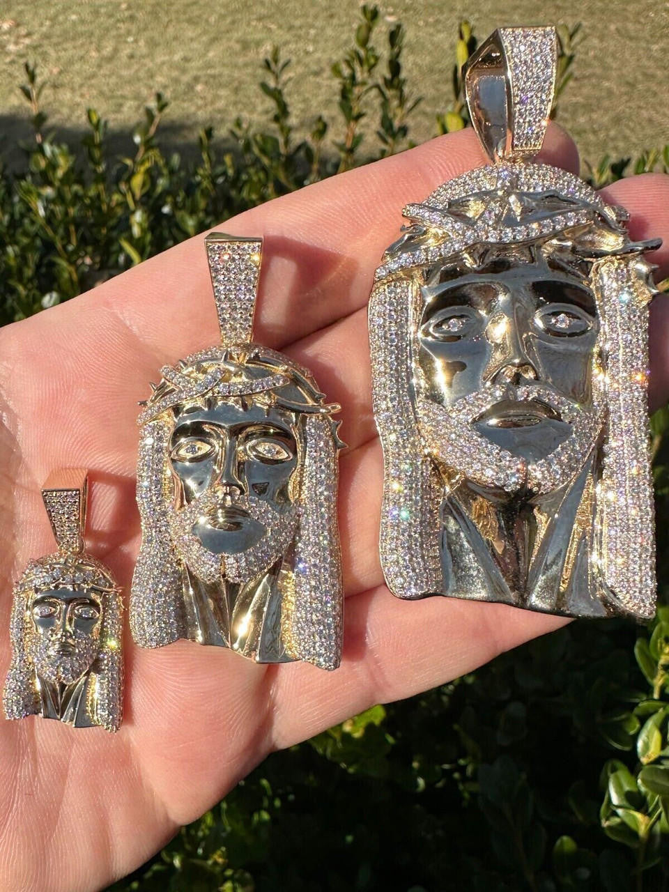 Real DIAMOND Iced Out Hip Hop Jesus Face Pendant - 14k Yellow Gold - 3 Sizes 1"-3"