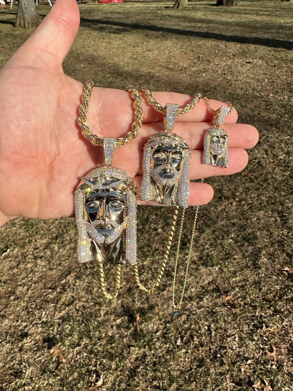 Real DIAMOND Iced Out Hip Hop Jesus Face Pendant - 14k Yellow Gold - 3 Sizes 1"-3"