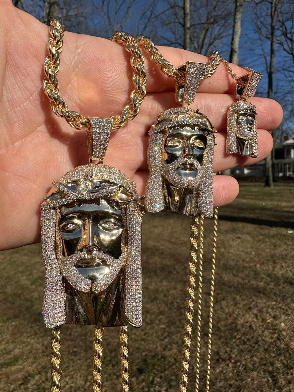 Real DIAMOND Iced Out Hip Hop Jesus Face Pendant - 14k Yellow Gold - 3 Sizes 1"-3"