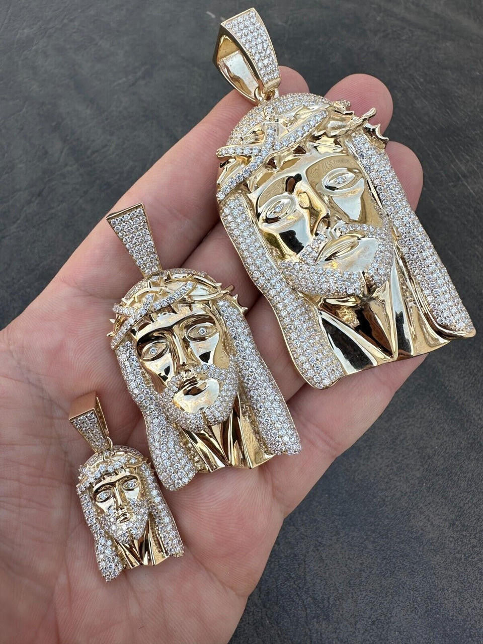 Real DIAMOND Iced Out Hip Hop Jesus Face Pendant - 14k Yellow Gold - 3 Sizes 1"-3"