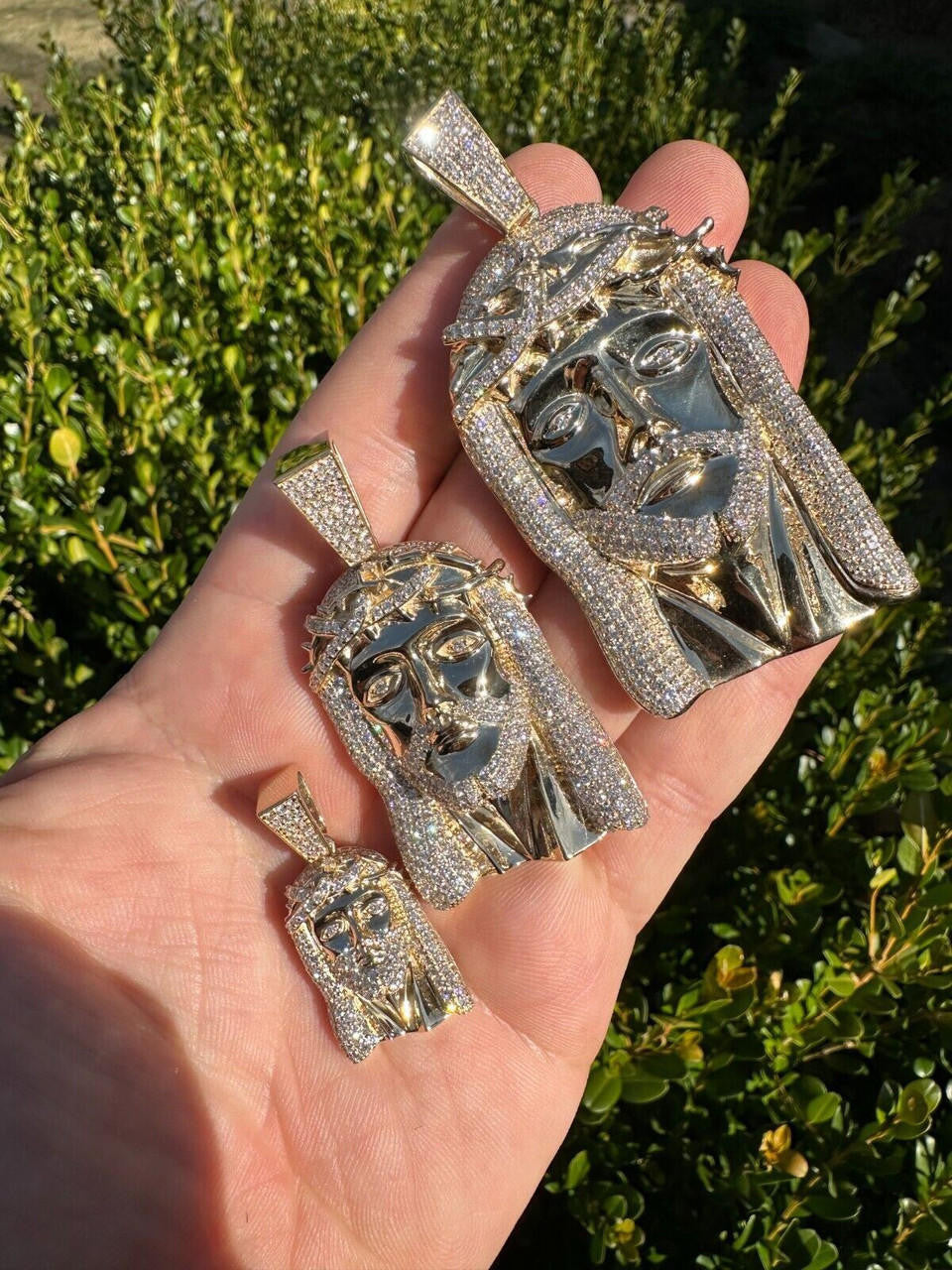 Real DIAMOND Iced Out Hip Hop Jesus Face Pendant - 14k Yellow Gold - 3 Sizes 1"-3"