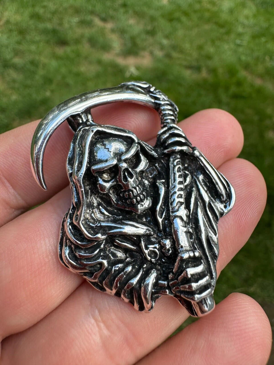 Grim Reaper Death Santa Muerte Pendant - 14k Gold Vermeil Or Oxidized 925 Silver - Medium 2"