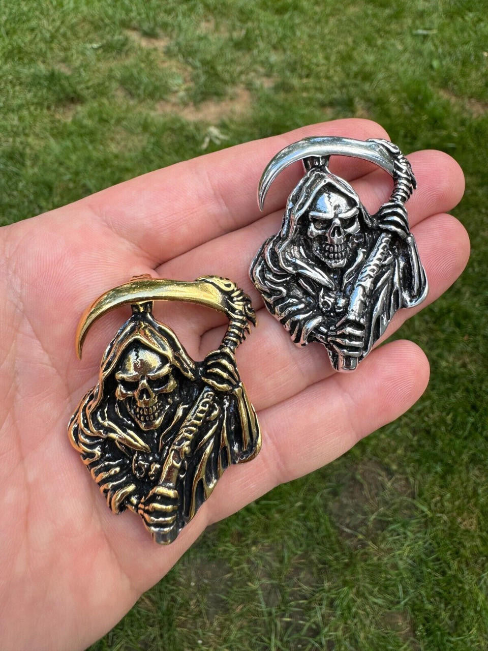 Grim Reaper Death Santa Muerte Pendant - 14k Gold Vermeil Or Oxidized 925 Silver - Medium 2"