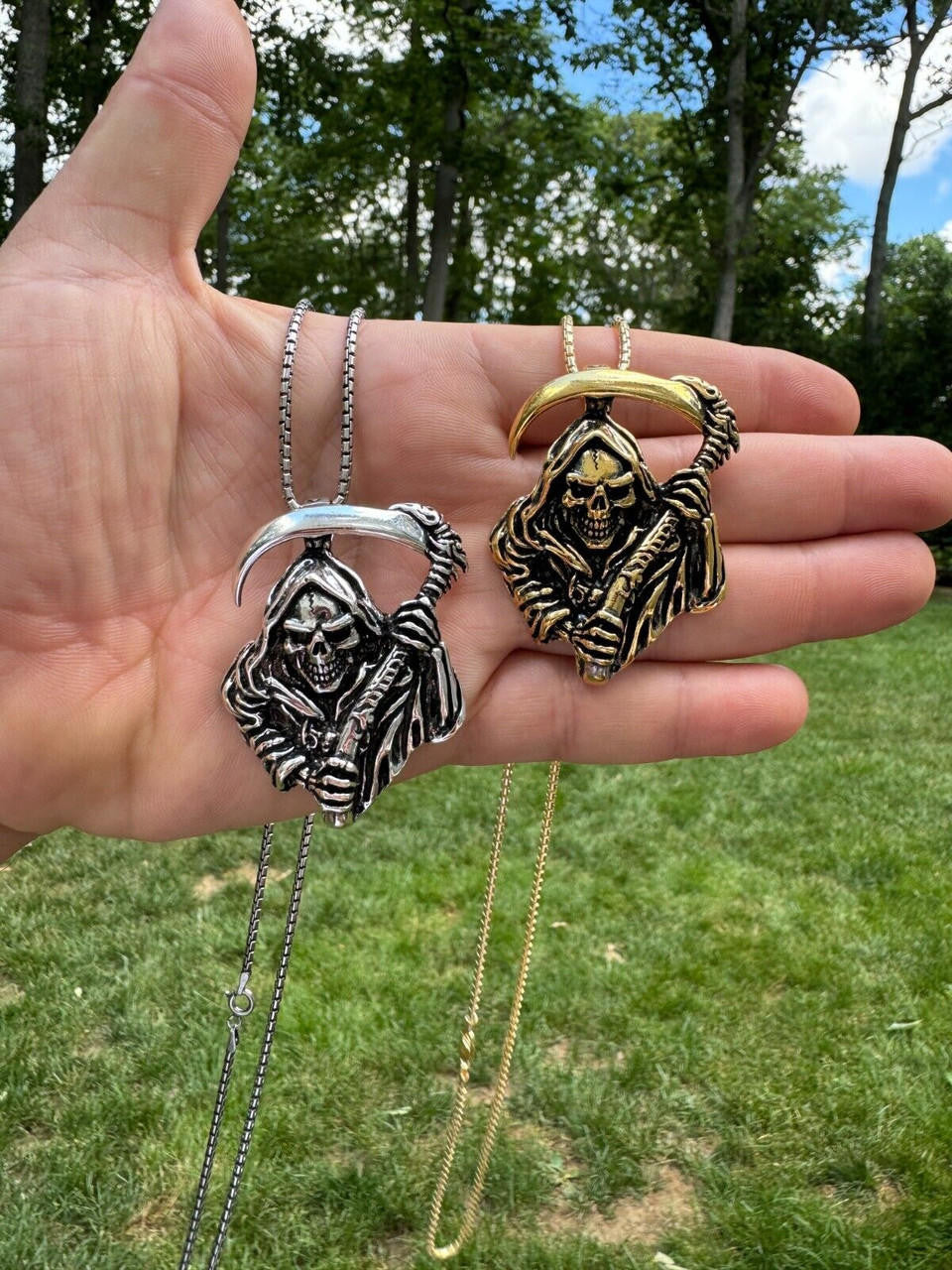 Grim Reaper Death Santa Muerte Pendant - 14k Gold Vermeil Or Oxidized 925 Silver - Medium 2"
